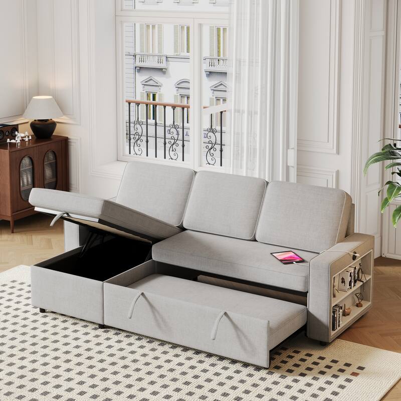 Grey 85.8'' L-Shaped Fabric 3-Seater Sleeper Sofa with Pull-Out Bed, Storage Chaise, USB Port, and Storage Racks