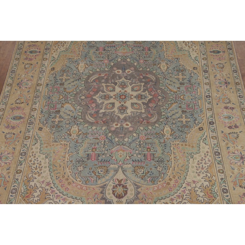 Blue / Medallion Tabriz Persian Vintage Rug Handmade Wool Carpet - 7'11" x 11'1"