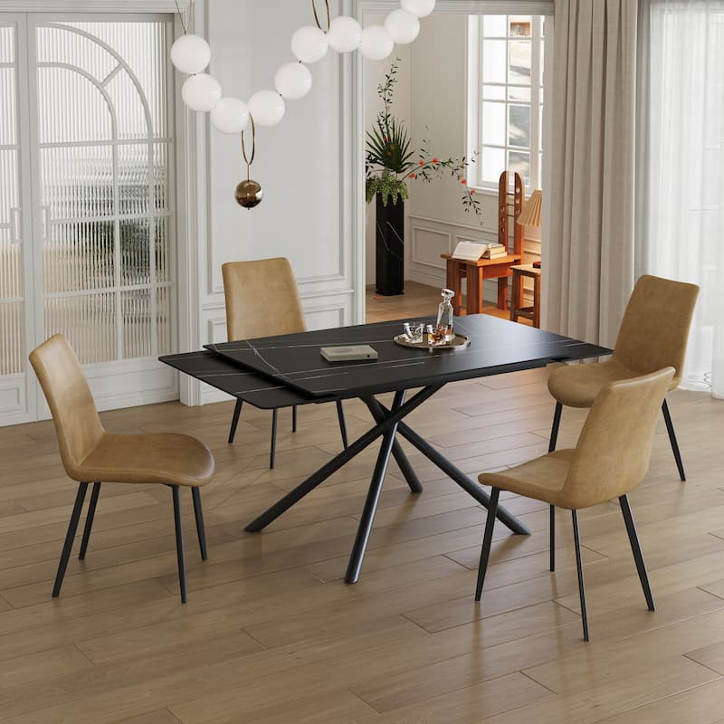 Retractable Sintered Stone Dining Table, Modern Rectangular Design, with Black Carbon Steel Legs at the Bottom