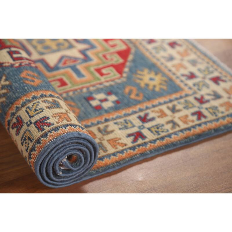 Light Blue Kazak Accent Rug Handmade Wool Carpet - 2'7" x 4'3"