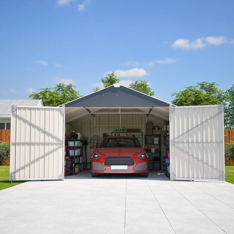 GDFStudio - Cassandra Large Outdoor Metal Storage Shed with Lockable Doors for Secure Vehicle and Equipment Storage