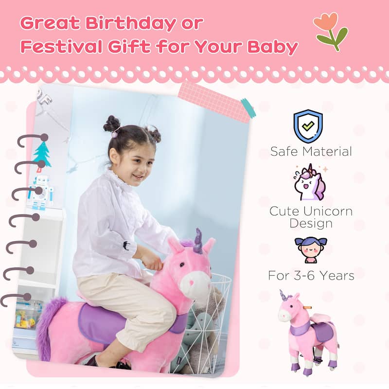 Qaba Ride On Real Walking Unicorn with Sparkly Horn, Soft Plush Ride On Rocking Horse Bearing 176lbs