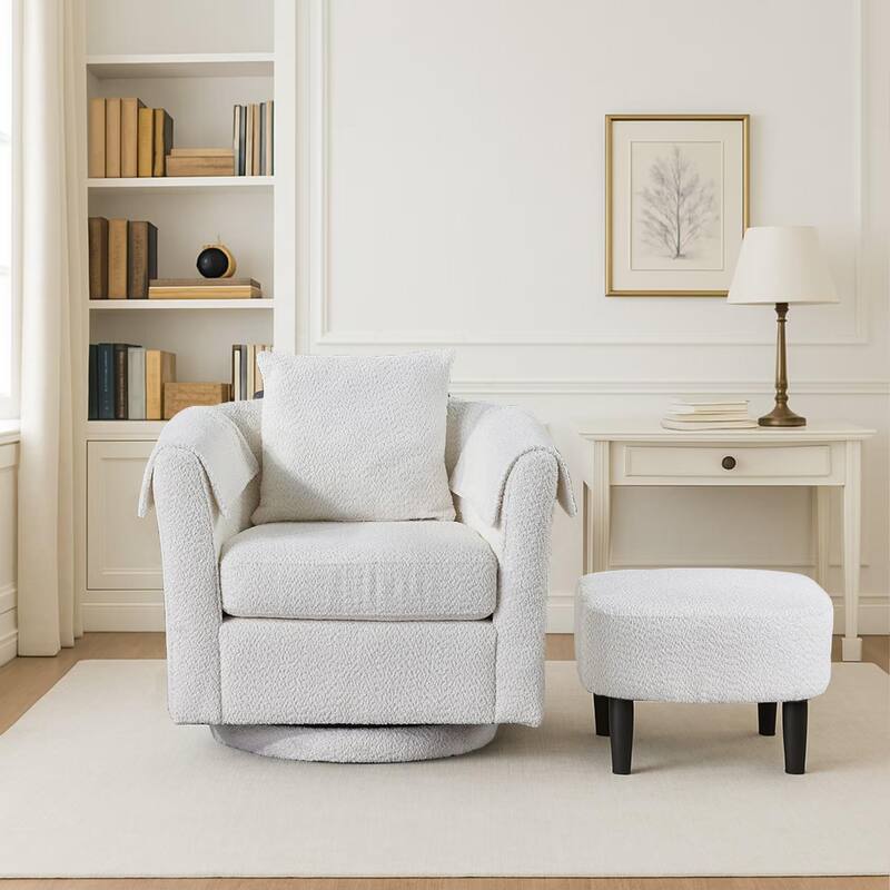 Homy Lin 360° Swivel Chenille Accent Chair with Ottoman,Armrests & Back Pillow, Comfy Living Room Armchair Set for Read or Relax