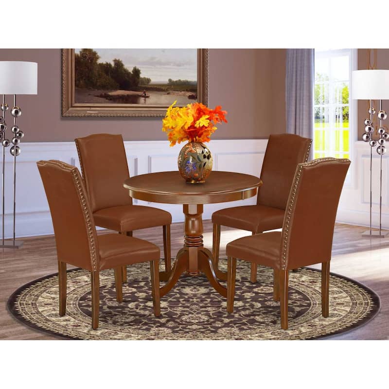 Antique Dining Set 5 Piece - Round Table & 4 Parsons Chairs - Seaside Style - Mahogany Finish - 36 Inch