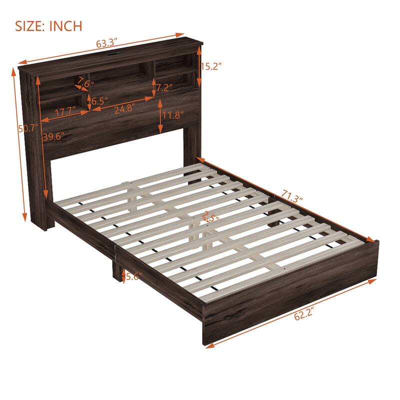 Wooden Platform Bed with Storage Headboard and USB Charging Ports