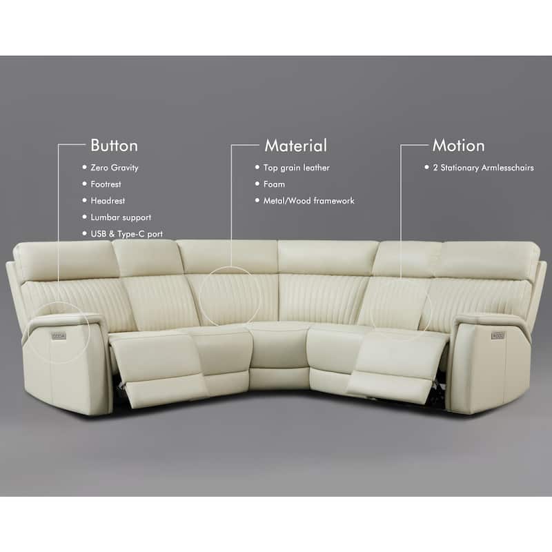 5PCS, 2 power Recliners, Leather Reclining Sectional with Power headrest & lumbar