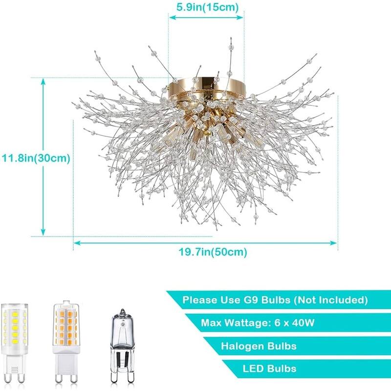 Crystal Flush Mount Ceiling Light, Modern Sputnik Firework Close to Ceiling Lamp, LED Ceiling Light Fixtures for Bedroom Kitchen