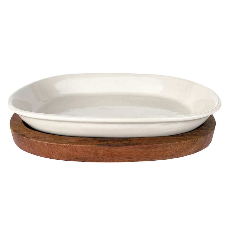 Stoneware Serving Dish with Mango Wood Base