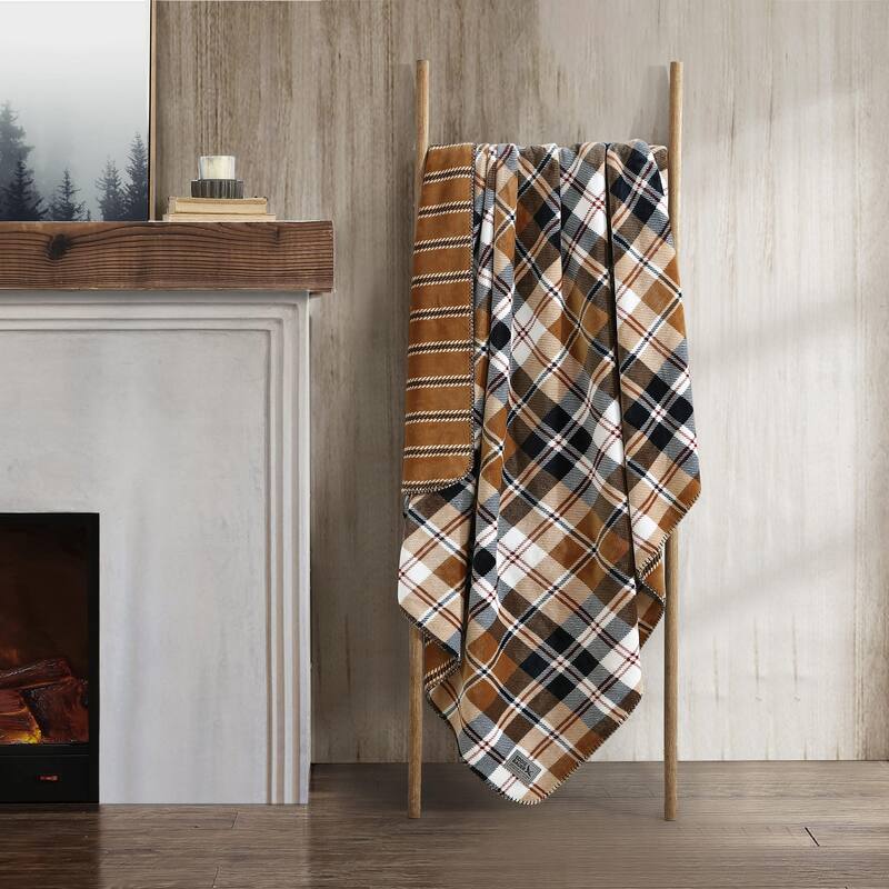 Eddie Bauer Printed Reversible Ultra Soft Plush Throw Blanket - Trailhead Plaid Beige
