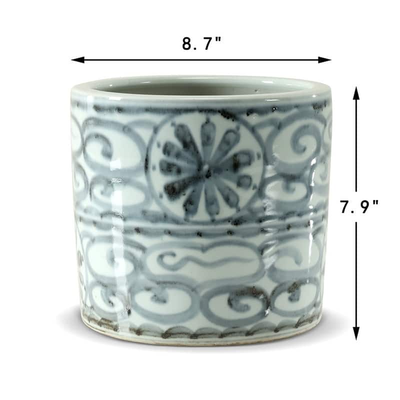 Approx. 8 Inches Tall Subtle Blue and White Pot with Floral Motif