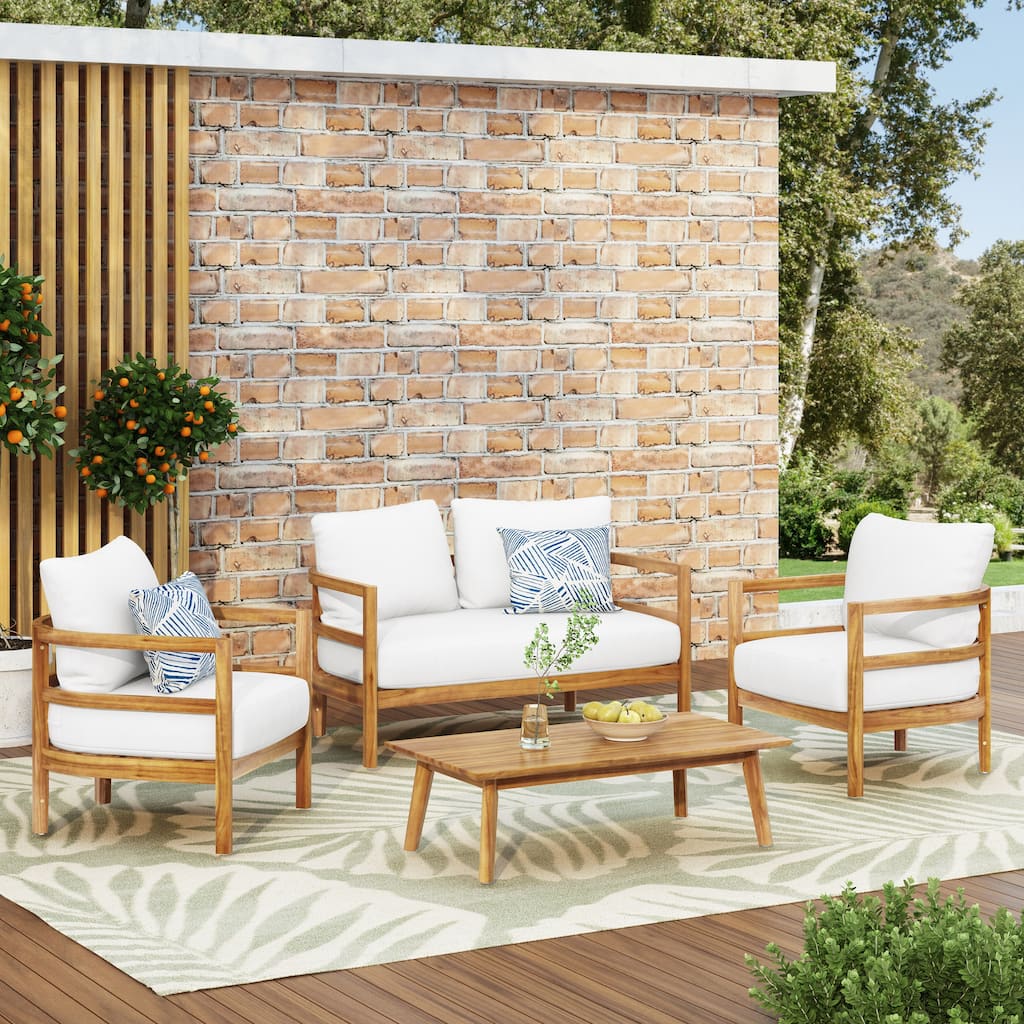 Ellendale Outdoor Acacia Wood Outdoor 4 Seater Chat Set with Cushion by Christopher Knight Home