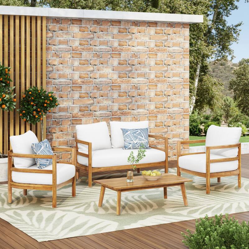Ellendale Outdoor Acacia Wood Outdoor 4 Seater Chat Set with Cushion by Christopher Knight Home - Teak + White