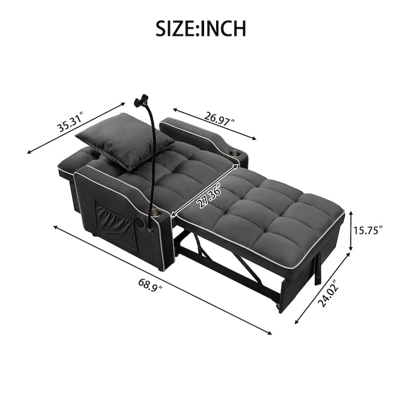Convertible Single Chair Bed, Sleeper Sofa Bed with Phone Holder & USB Ports,Pull Out Couch Bed with Adjustable Recliner