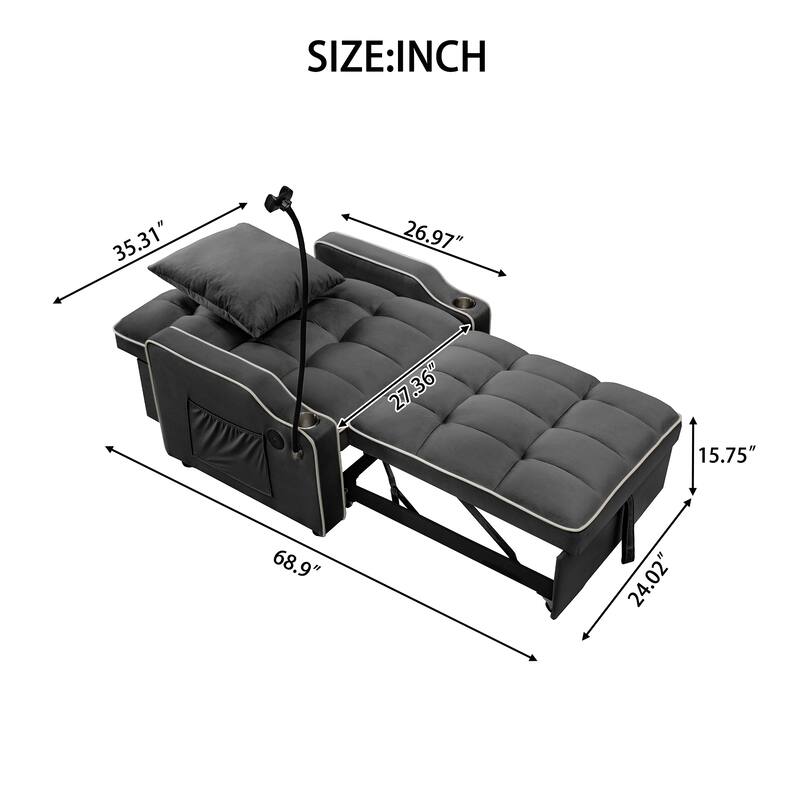 Convertible Single Chair Bed,3 in 1 Velvet Futon Sleeper Sofa Bed with Phone Holder & USB Ports,Pull Out Couch Bed