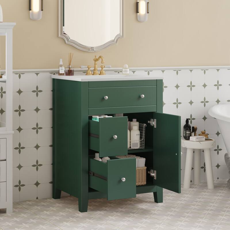 24" Contemporary Bathroom Vanity Set Featuring Ceramic Sink Basin - Includes 2 Smooth-Glide Drawers and Soft-Close Door Cabinet.