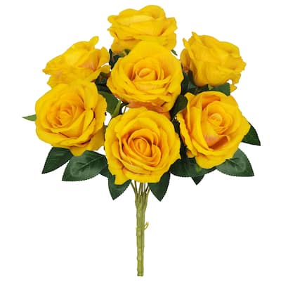 Set of 2 Yellow Artificial Velvet Rose Flower Stem Bush Bouquet 16in - 16" L x 11" W x 11" DP