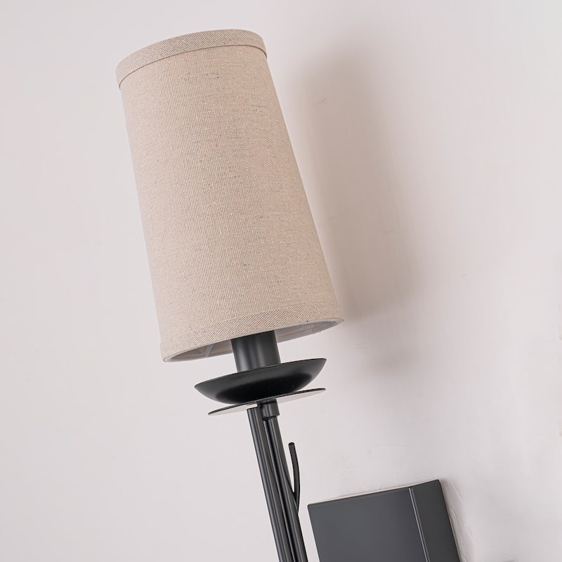 1-Light Matte Black Metal Wall Sconce Cone-Shaped Beige Linen Shade