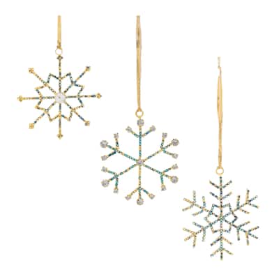 Metal Snowflake Ornaments with Beads for Christmas Tree Decor Set of 12 - 3” x 0.02” x 3.5”