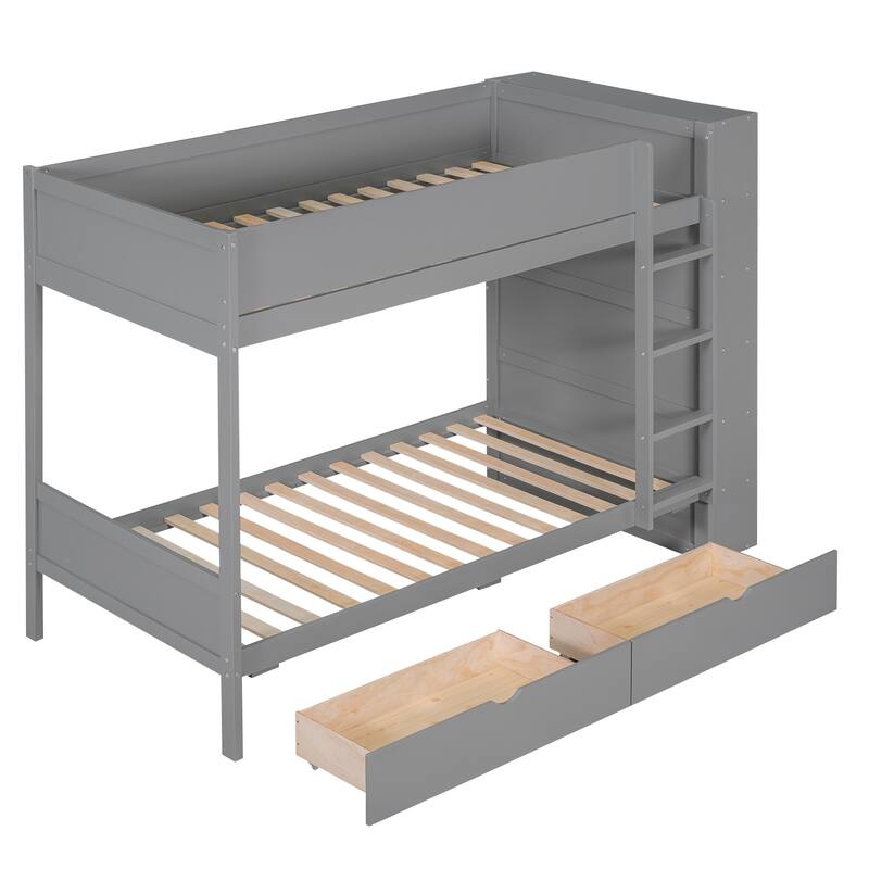 Space-Saving Twin Over Twin Bunk Bed with Drawers and Cabinet, Gray