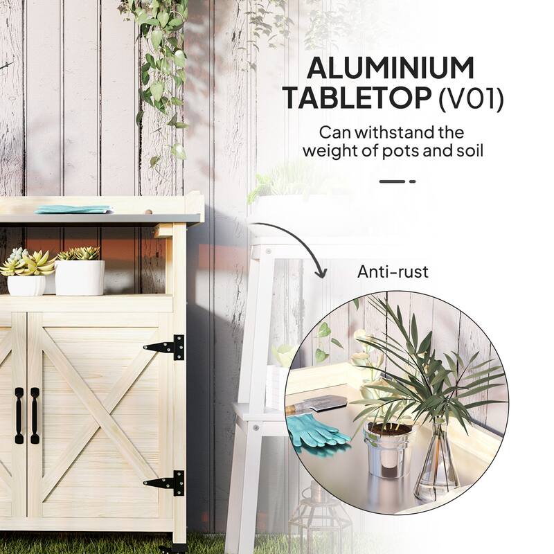 Outsunny Outdoor Potting Bench, Wooden Potting Table with Storage Cabinet, Aluminum Table Top, Rubber Wheels