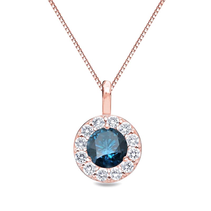 Auriya 1ctw Round Blue Diamond Halo Necklace 14k Gold (I1-I2) - Rose