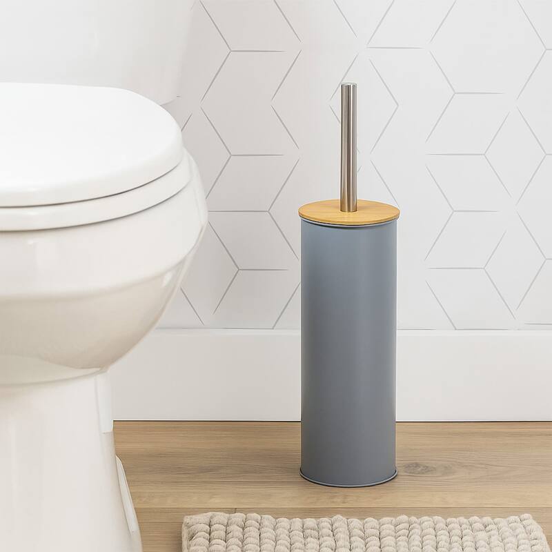 Metal Toilet Brush and Holder Set With Bamboo Lid