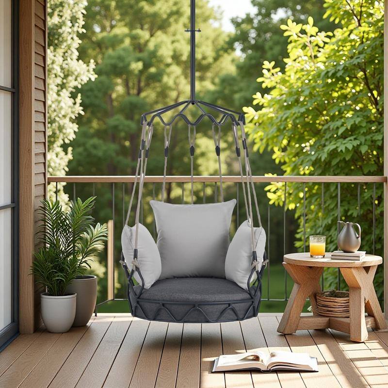 Iron Frame Hanging Basket Chair with Includes 8" UV-Resistant Cushion, 300lb Capacity - Gray