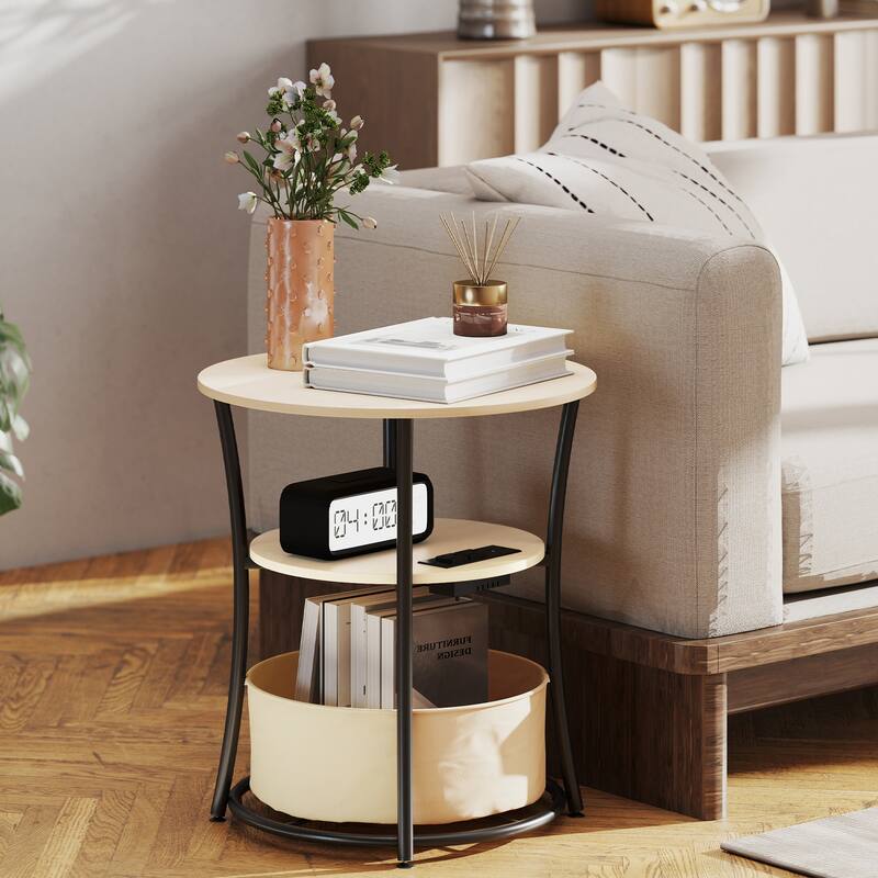 HOMCOM Round Side Table with Charging Station, 3-Tier End Table with Fabric Storage Bag, Shelf and Steel Frame for Living Room