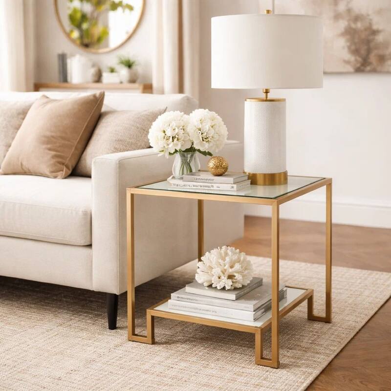 Kix Side End Table, 20 Inch Square Glass Top, Open Shelf, Antique Gold