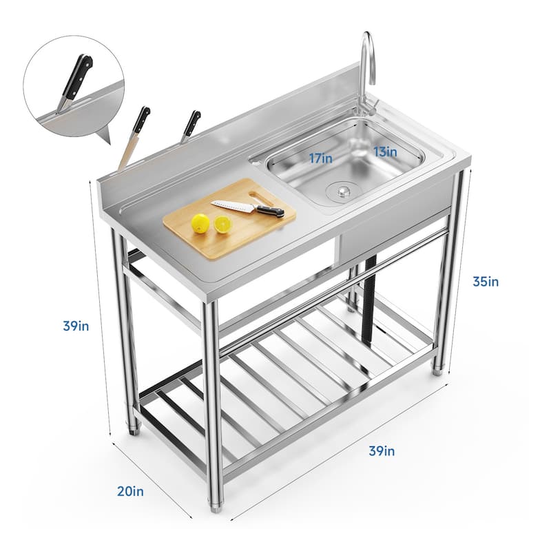 Free Standing Stainless Steel Utility Sink, Commercial Single Bowl Sink Set with Faucet