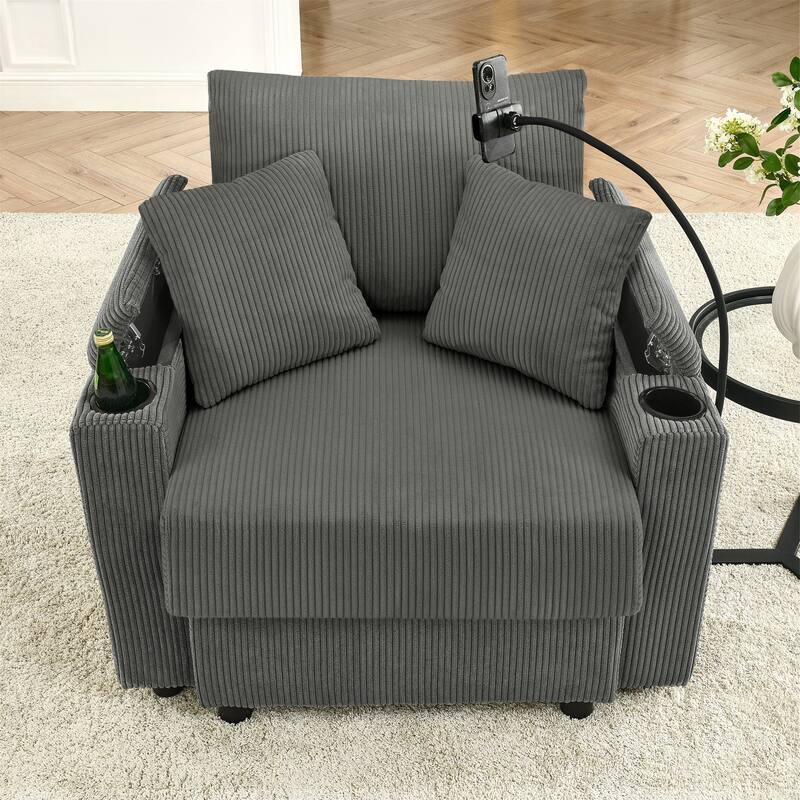 Corduroy Sofa Chair with Storage Armrest, Cup Holders and Phone Stand - Grey