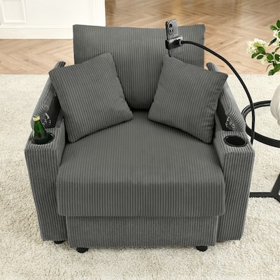 Corduroy Sofa Chair with Storage Armrest, Cup Holders and Phone Stand