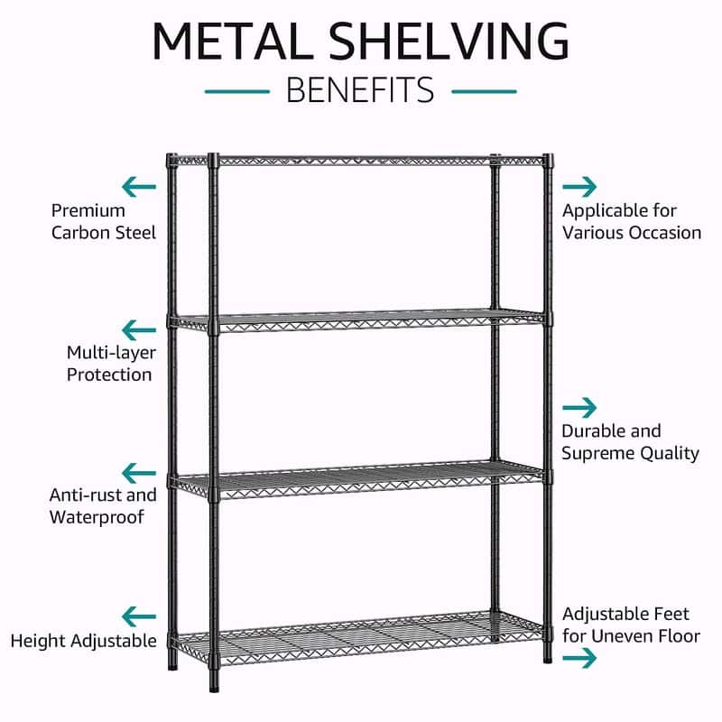1400 LBS Heavy Duty Garage Shelving, 4-Tier Adjustable Black Metal Wire Storage Shelf Unit