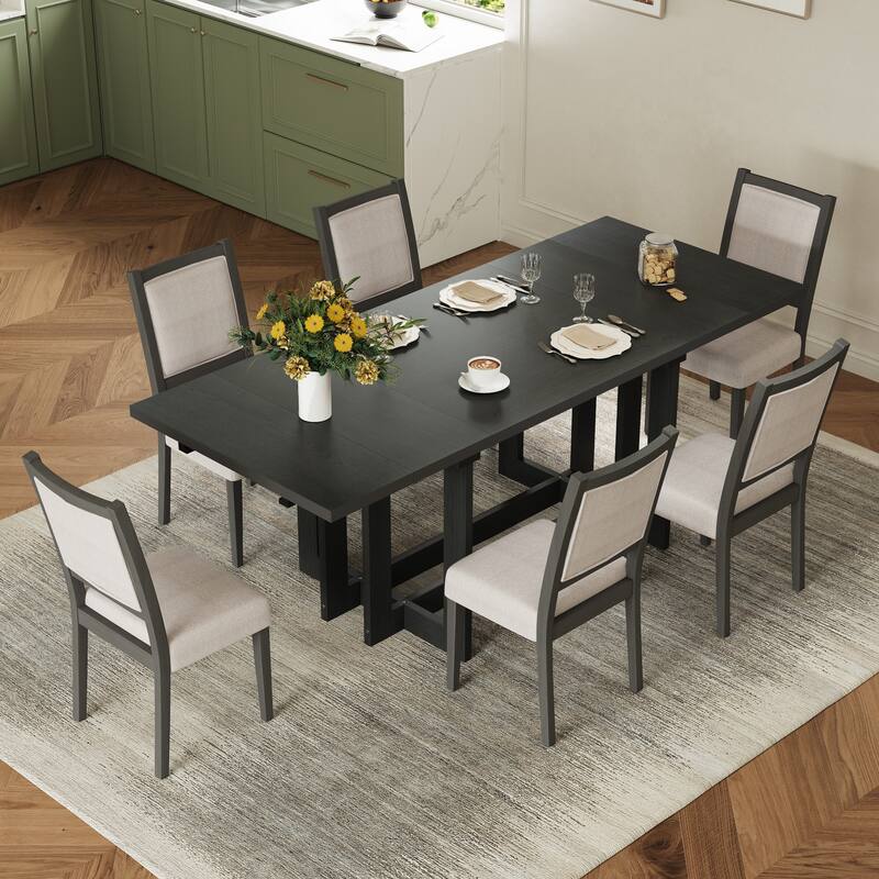 82" Rustic Extendable Dining Table Set: 7-Piece Trestle Table with 6 Upholstered Chairs & 2 Removable Leaves - Espresso