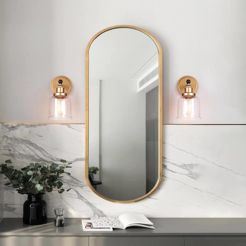 Mid-century Modern Black Gold Wall Sconces with Clear Bell Glass for Bathroom Vanity - L 4.5" x W 7" x H 10"
