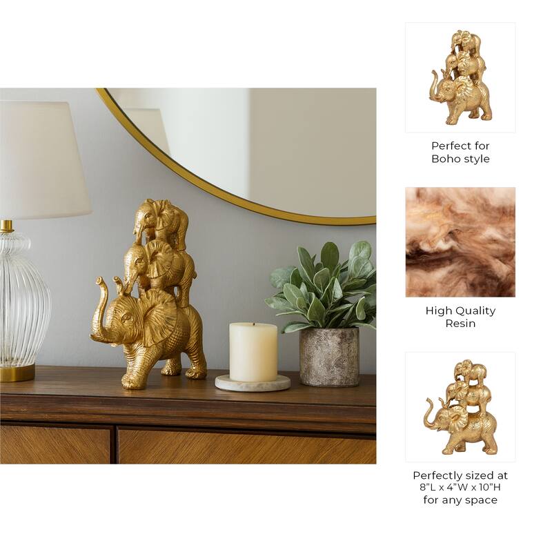 Resin Stacked Raised Trunk Elephants Figurine - Gold, 10"
