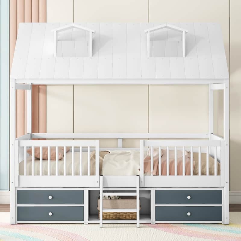Full Size Wood House Bed with Roof and Drawers