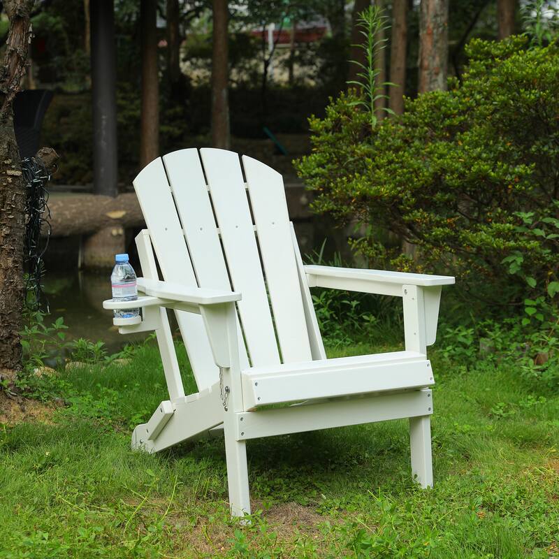 HDPE Folding Adirondack Chair with Dual Cup Holder - Composite Adirondack Chair with Wood Texture - White