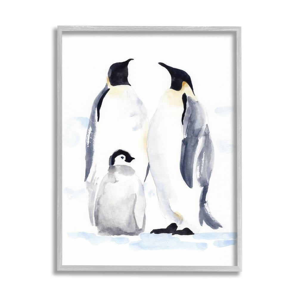 Stupell Winter Penguin Bird Family Soft Watercolor Arctic Animals Framed Wall Art - Blue