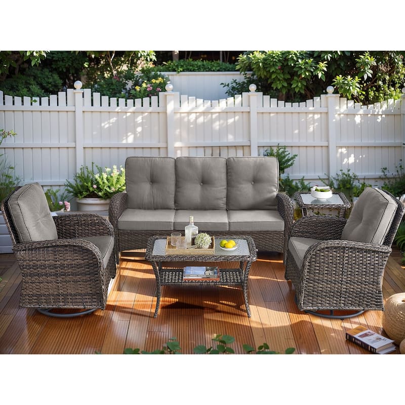 Outdoor Swivel Rocker Chairs with Sofa Table - Grey - Brown