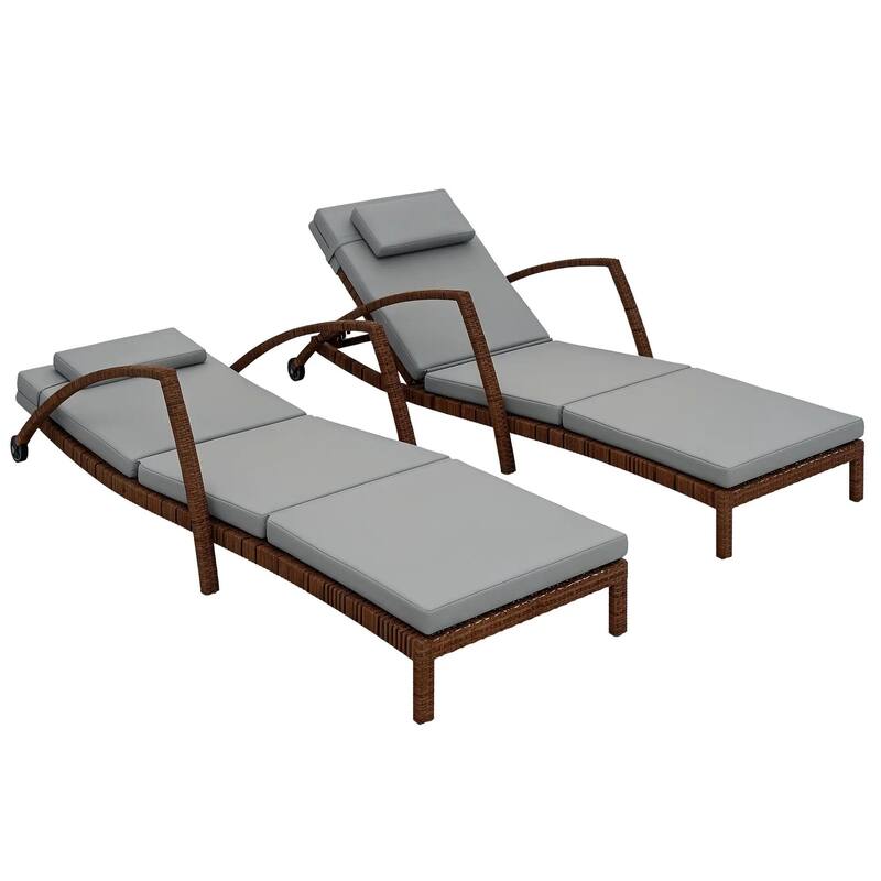 Wicker Chaise Lounge Set, Outdoor Recliners, Adjustable Back, Cushion