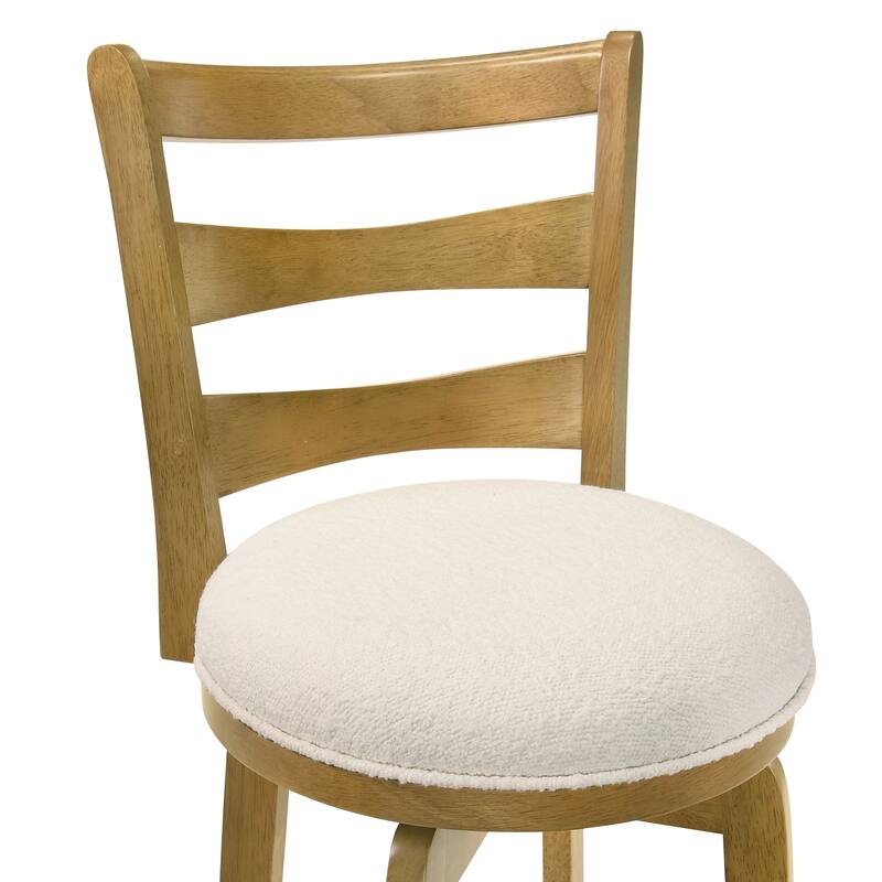 Melindra White Boucle Swivel Bar Stool, Upholstered Counter Stool with Solid Wood Legs