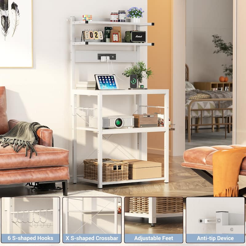 Bakers Rack Kitchen Storage Shelf with Power Outlets and RGB LED Lights,5 Tiers Coffee Bar Station,Microwave Stand