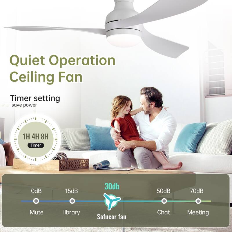 52 Inch Ceiling Fan With Light and Remote Brushed Nickel Low Profile Ceiling Fan 6 Wind Speed - 52in