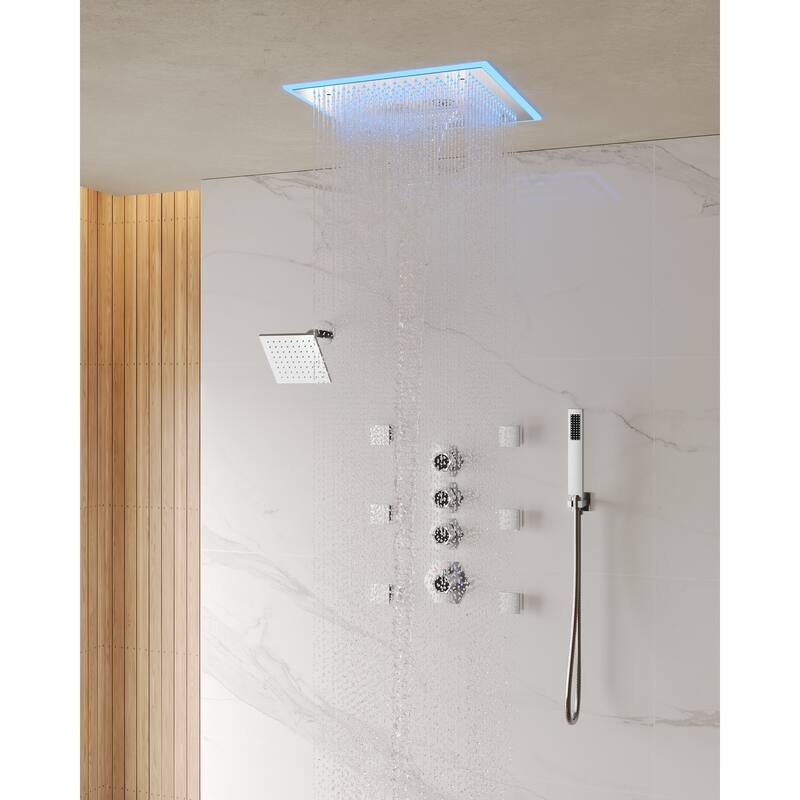 Shower Faucet Set Dual Heads with 3 Spray Modes 16" Ceiling and 6" Wall Mount Body Jets Handheld Spray LED Music - Brushed Nickel