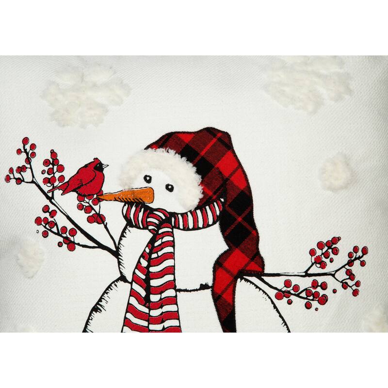 Snowman With Beanie Hat and Softy Tufted Snow Embroidered Christmas Pillow, 18 by 18-Inch