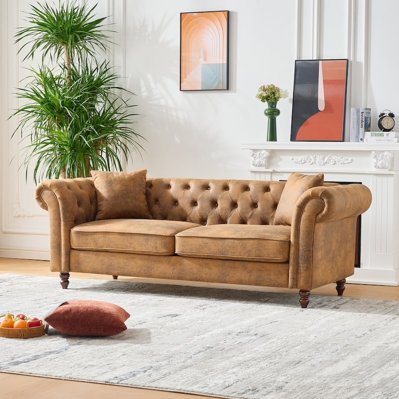 83"Chesterfield ‌Faux Leather Sofa,High-tech Fabric Roll Armrest Sofa,Upholstered Mid Century Modern Couch,3 Seater Couch
