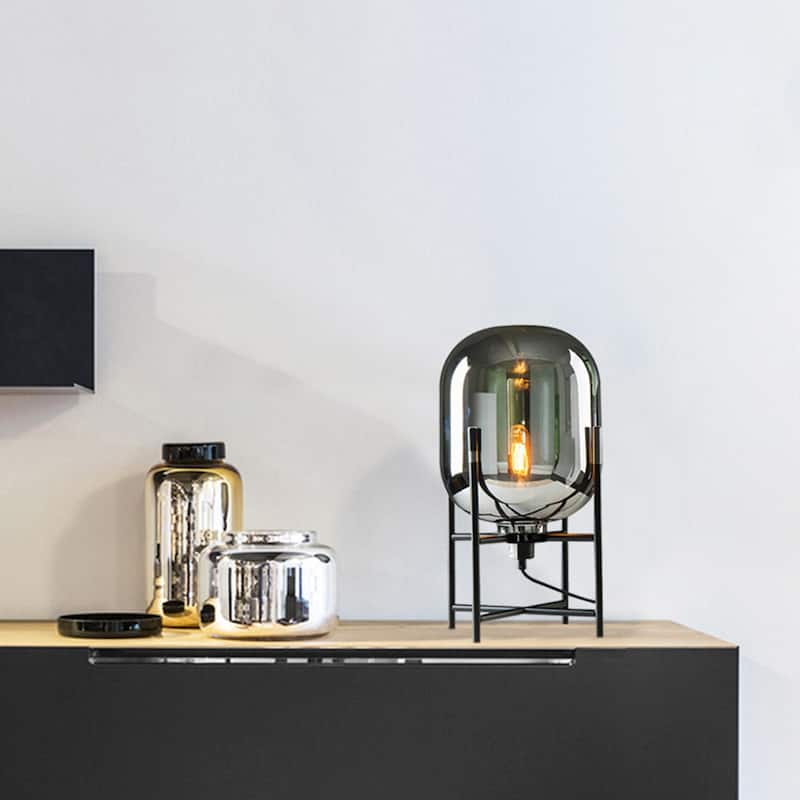 1 Light Black Metal Base Table Lamp with Smoke Glass Shade
