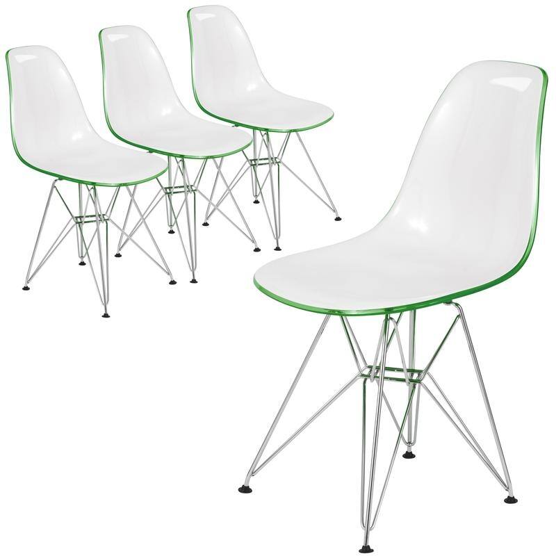 Cresco Ergonomic Modern Shell Seat Dining Chair with Chrome Eiffel Base and Curved Back Accent Side Chair (Set of 4) - White Green