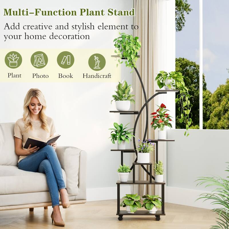 EROMMY Tall Rolling Plant Stand with Grow Lights, 8-Tier Indoor Corner Metal Plant Shelf with Wheels for Small Spaces